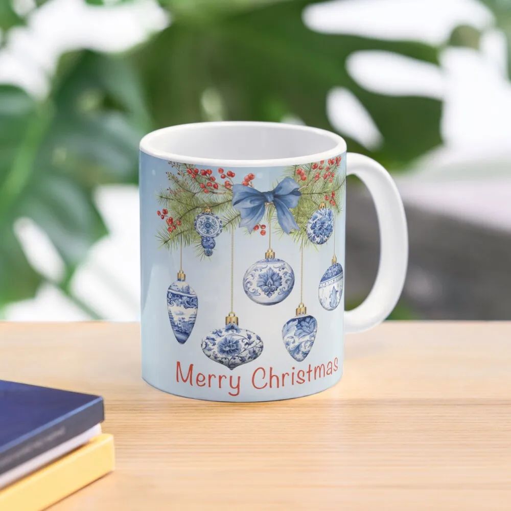 Blue Chinoiserie Christmas B Classic  Mug Photo Handle Round Gifts Coffee Picture Design Tea Drinkware Simple Image Cup Printed