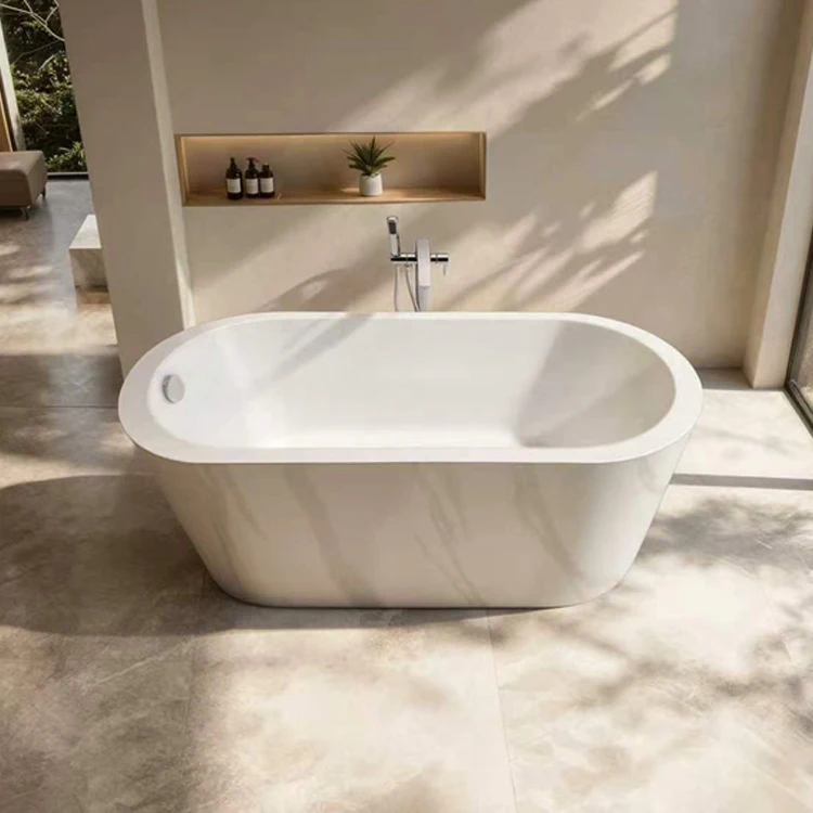 Oval Shaped Solid Surface Luxury Indoor Portable Freestanding Soaking Bath Tub with Marble Pattern 60gal+ Capacity