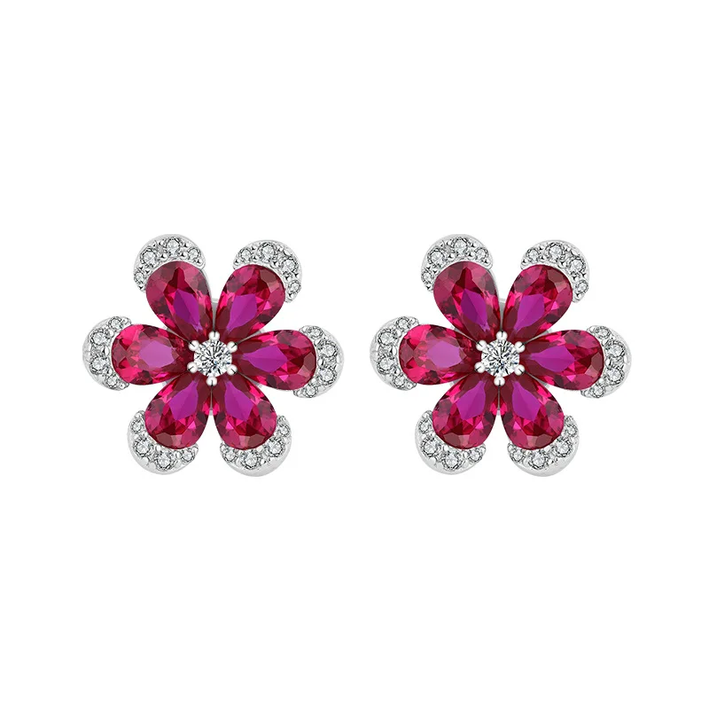 Jewelry S925 Full Silver Hot Selling Red Corundum Flower Set Luxurious Jewelry