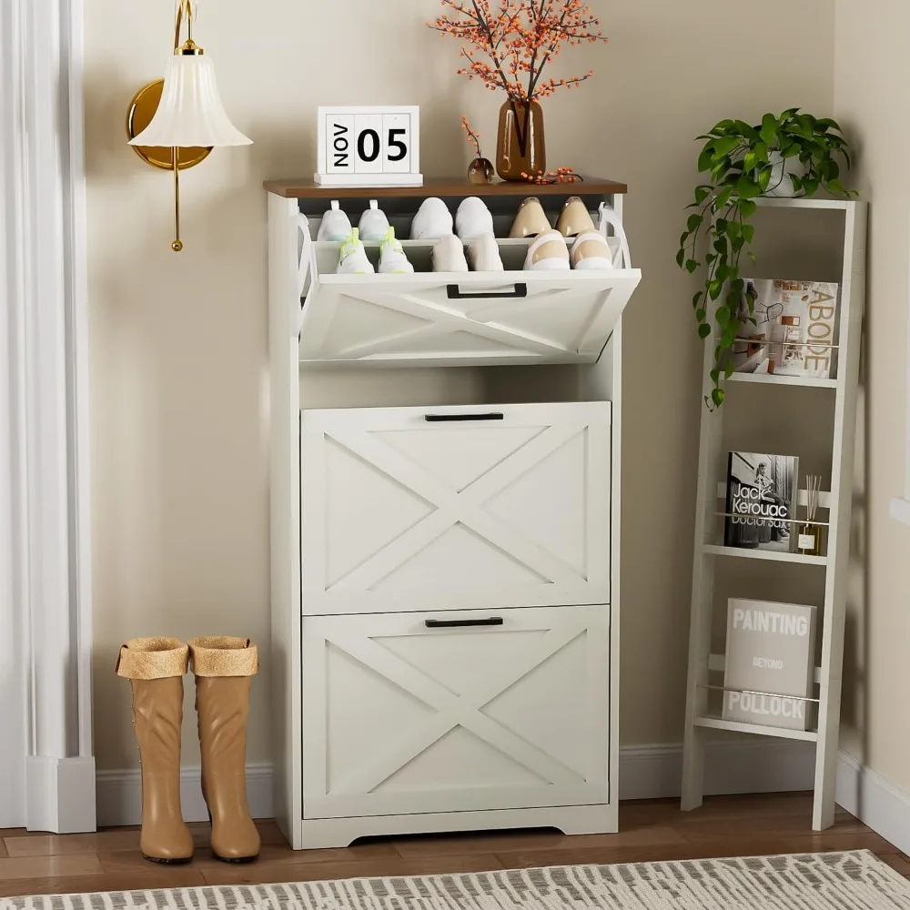 

Entrance shoe cabinet with 3 flip drawers, 3-layer independent, slim and narrow shoe cabinet for entrance, hallway, and luggage