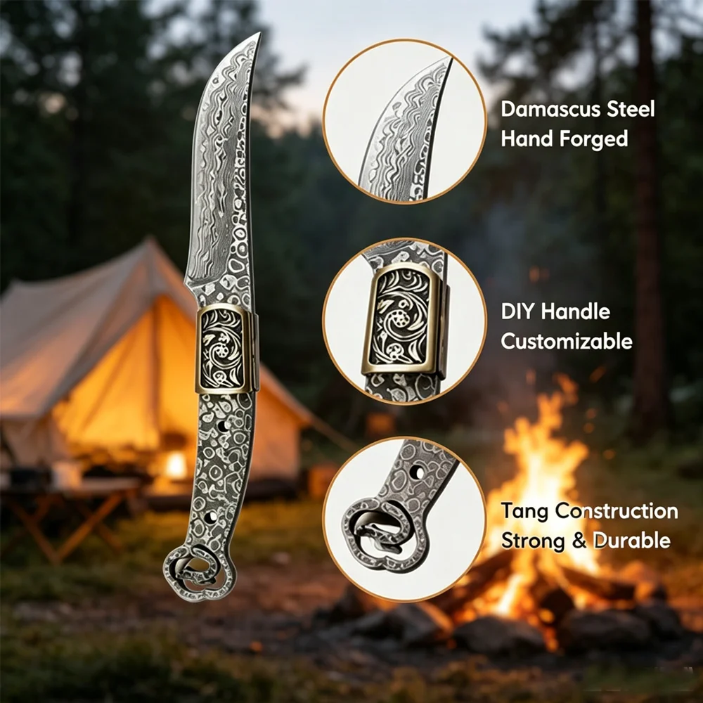 Full Tang Damascus Steel Fixed Blade Vintage Brass Bolster Snake‑Shaped Lanyard Hole Outdoor Survival Semi-finished Knife Blank