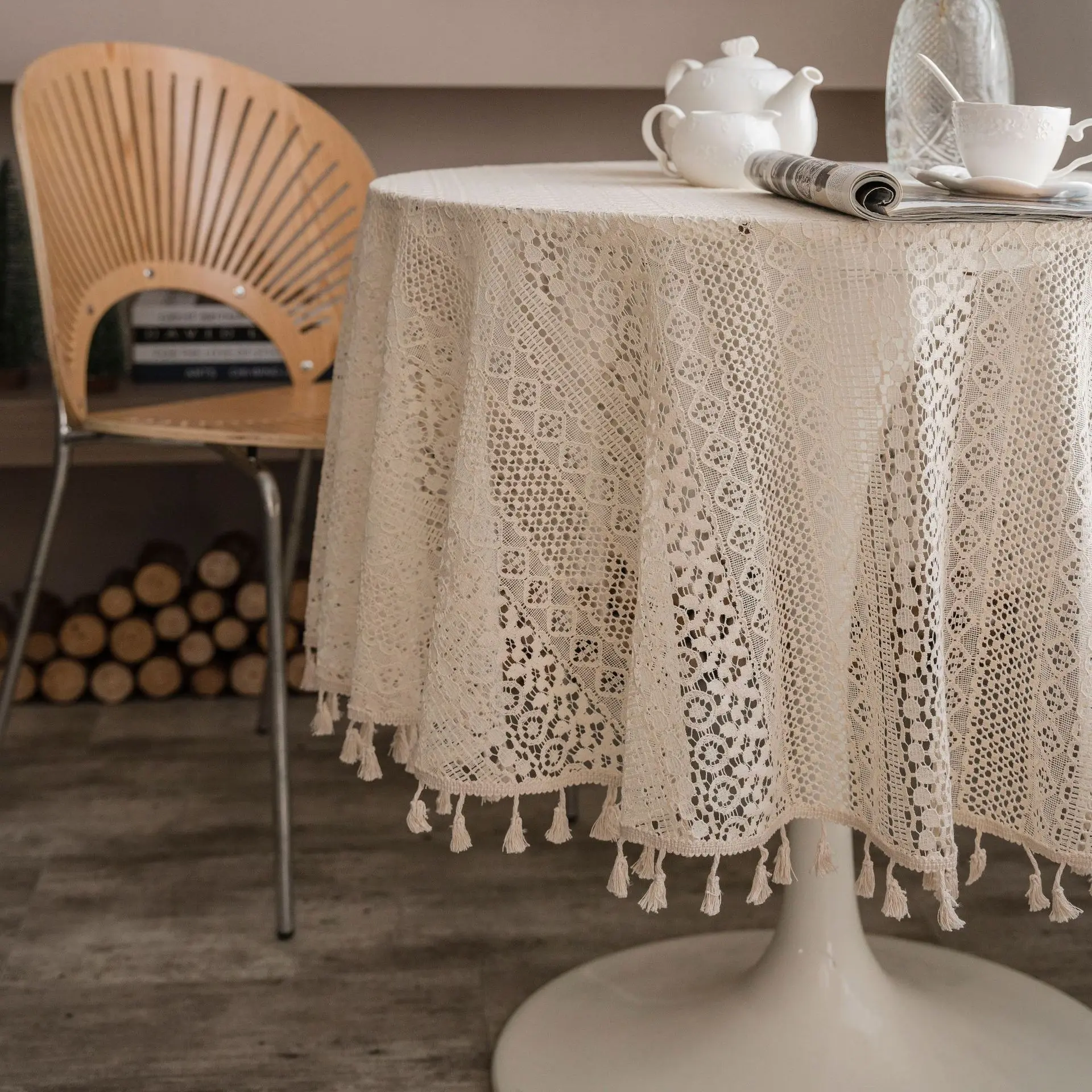 Circular Polyester Cotton Tablecloth, Crochet Hollow Out Tassels, American Rural Style Tablecover, 150cm