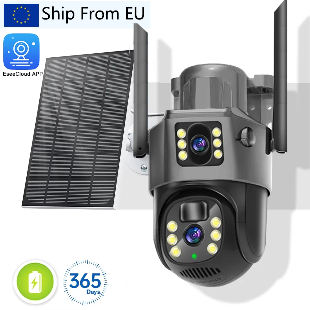 EseeCloud 4K Solar WiFi Camera Outdoor Built-in Battery Dual Lens Security Camera Solar Panel Wireless Video Surveillance CCTV