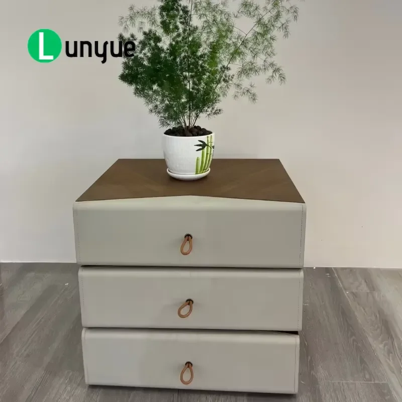 Modern Rotating Bedside Table 3 Layer Drawer Saddle Leather Nightstand Storage Cabinet for Bedroom Living Room Home Furniture