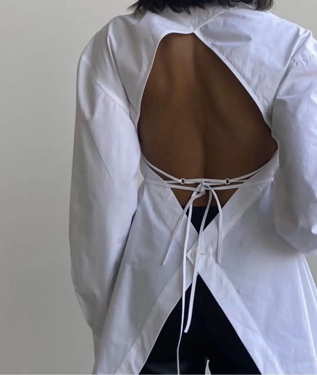

New Spring Autumn Design Sensation White Shirt Belted Waist Long Sleeve Fake Two-Piece Backless Strap Street Style Cotton Blend