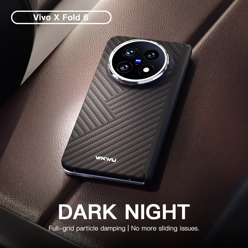 WKWU Dark Night for vivo X Fold6, Aramid Fiber Case, Magnetic, Slim Fit, Chrome Camera Ring, Black Grey Woven Cover