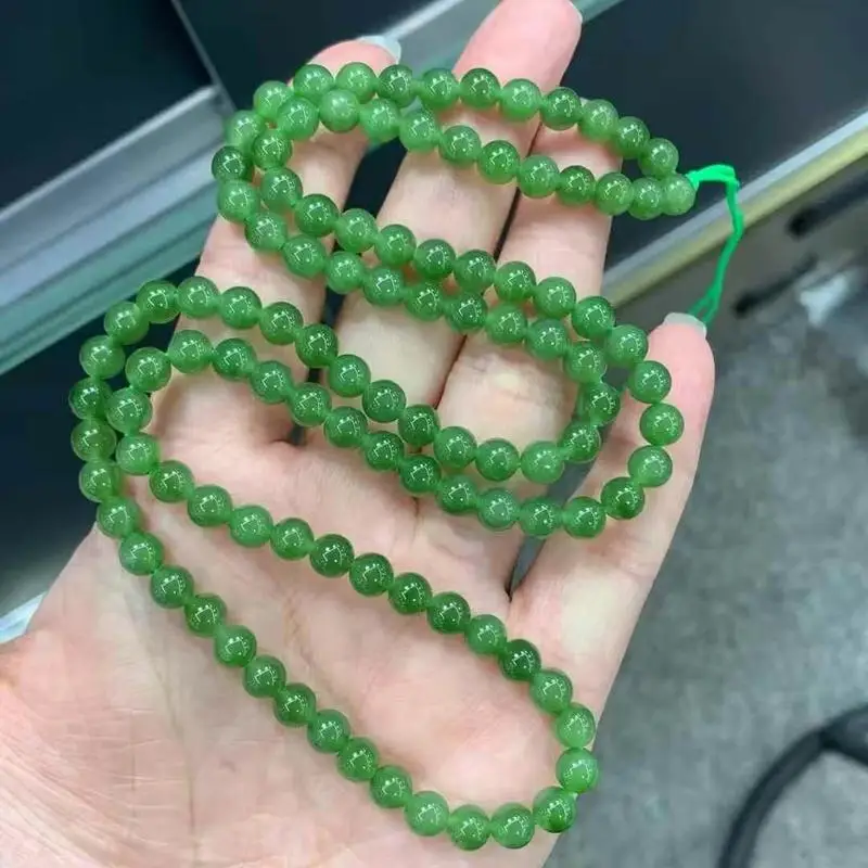 Russian , Hetian Jade, Spinach , Bright Green 108-Bead Buddhist Prayer Beads Bracelet And Necklace