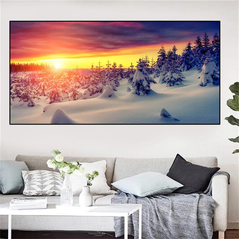 Landscape Fir Tree Snow Winter Canvas Painting Sunset Red Cloud Posters and Prints Wall Art Living Room Home Decor No Frame