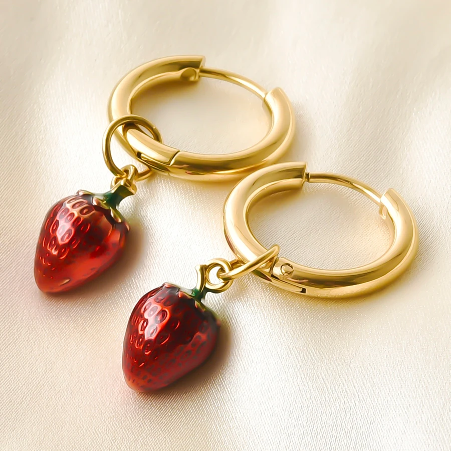 1Pair Cute Enamel Fruit Vegetable Hoop Earrings Gold Stainless Steel Cherry Banana Grape Chili Corn Dangle Huggie Ear Jewelry