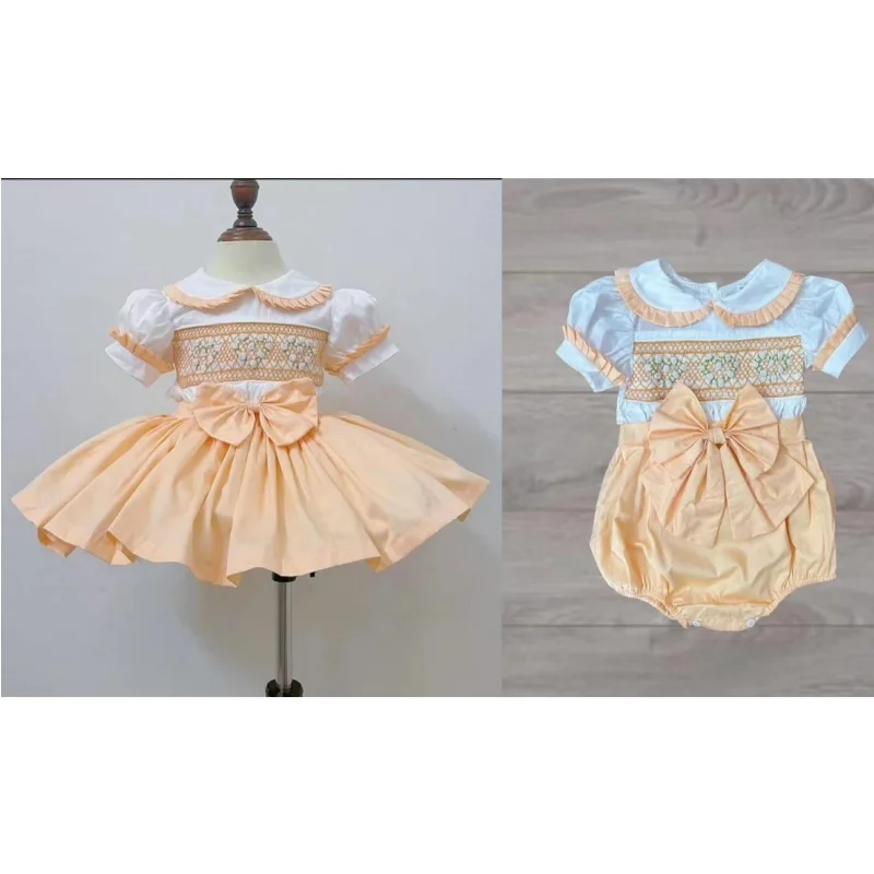 0-12Y Baby Girl Summer Champagne Color Handmade Embroidery Smocked Dress Suit for Birthday Photography Holiday Eid A282