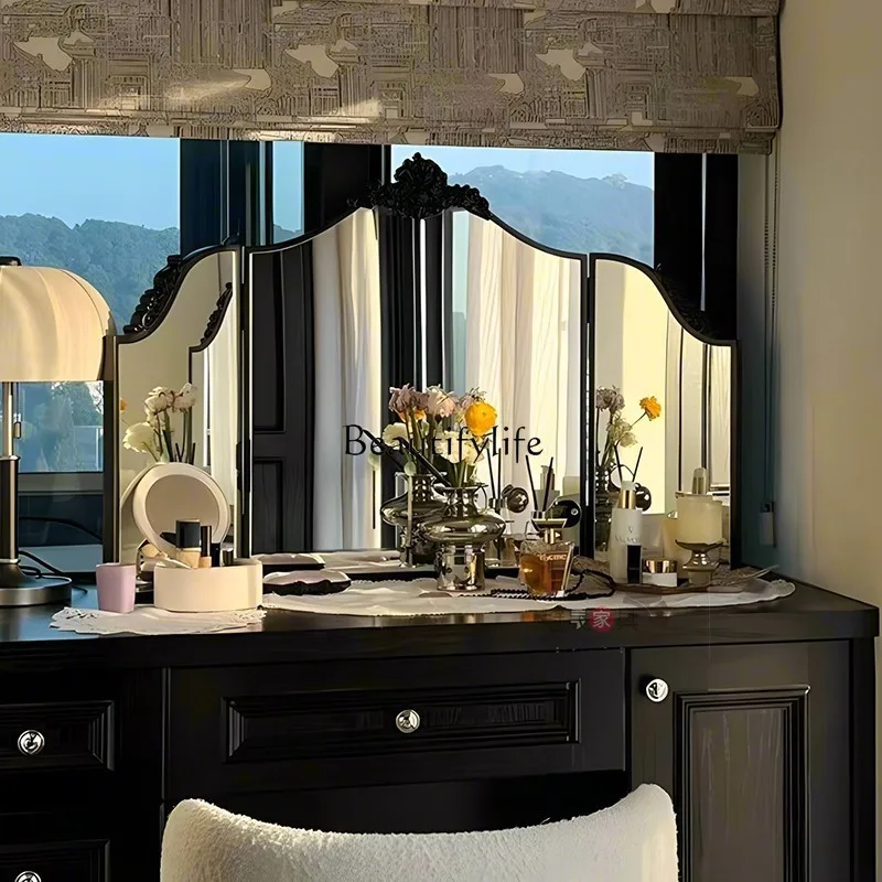 03.European retro carved tri-fold mirror three-sided folding mirror living room bedroom decoration