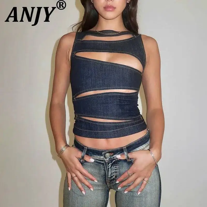 

ANJY Summer New Women Fashion Hot Girl Sexy Hollow Out Faux Denim Sleeveless Vest Stylish Dark Style High Street Tank Top A23570