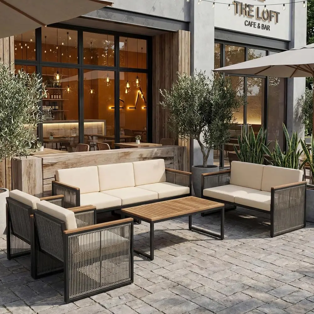 

Комплект садовой мебели из веревки, 5-предметный набор уличной мебели, секционный диван для улицы со столиком, комплект садовой мебели для 3 человек.