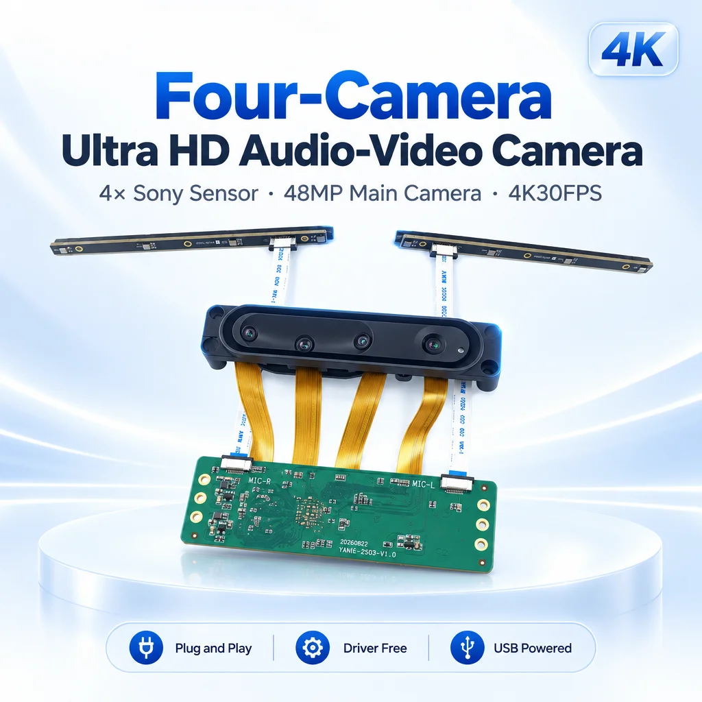 4 Camera Stitching Module 145° Ultra Wide Angle 48MP 4K HD 30fps 8000*6000 4x EPTZ USB 2.0/3.0 4 Large Sony Sensor 8 Mic Array