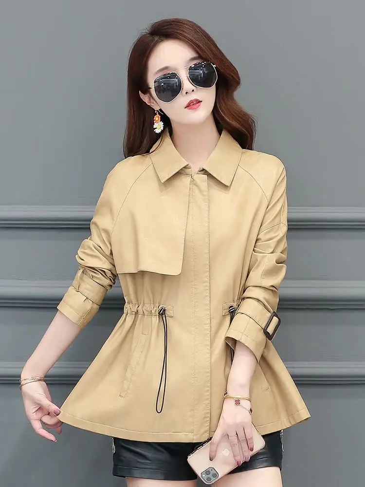 

Spring Autumn New Sle ort Fit Women's eepskin Leather Jaet Slimming Waistcoat Faionable Windbreaker Genuine Leather