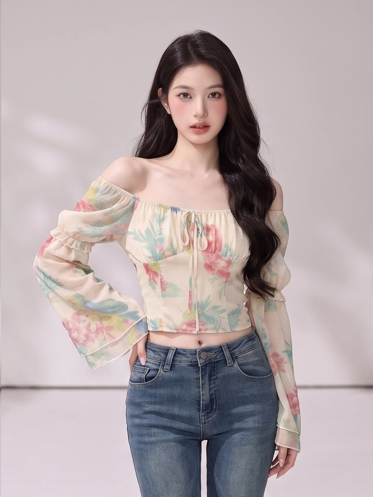 Sweet Gradient Floral One-Shoulder Long-Sleeve Shirt Women's Autumn Youthful Lace Trim Belted Top Korean Style Commute Fashion