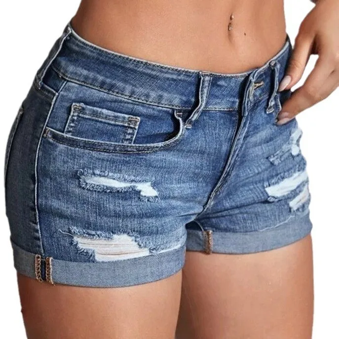 Women's Split Denim Shorts Summer Beach Wild Fashion Sexy Mid Waist Curled Cuff Perforated Elastic Slim Fit Casual Shorts