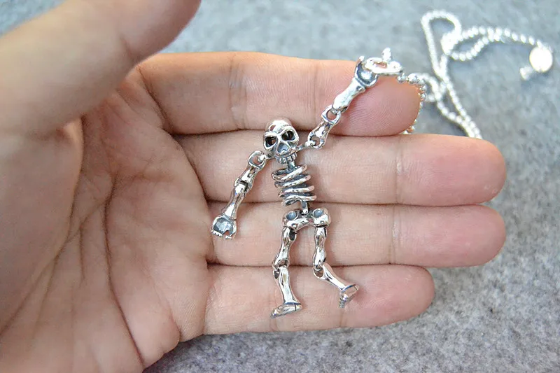 Gothic punk sterling silver skeleton necklace pendant Women's bone man pendant trendy man funny silver jewelry