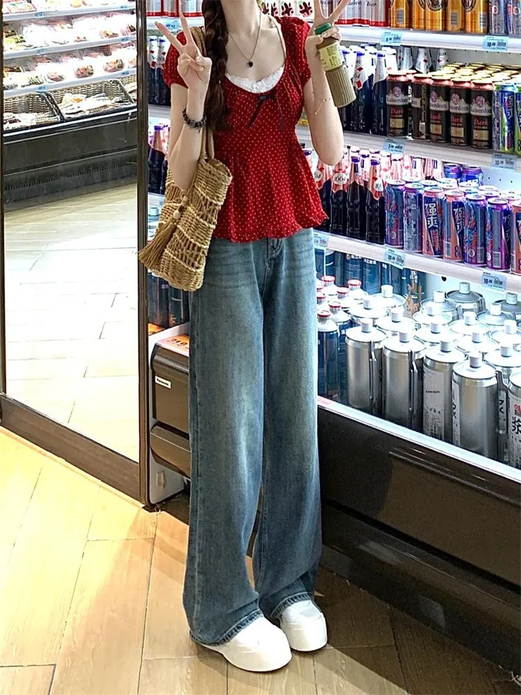 

Милая футболка больших размеров в горошек, женская летняя футболка с высокой талией U-Ne Bubble Sve Doll irt ort Top, красный, милый модный