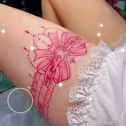 Pink Lace Bowknot Waterproof Temporary Tattoo Sticker Girls Long-Lasting Fake Tattoo for Woman Sexy Thigh Arm Art Tattoo Adesivo