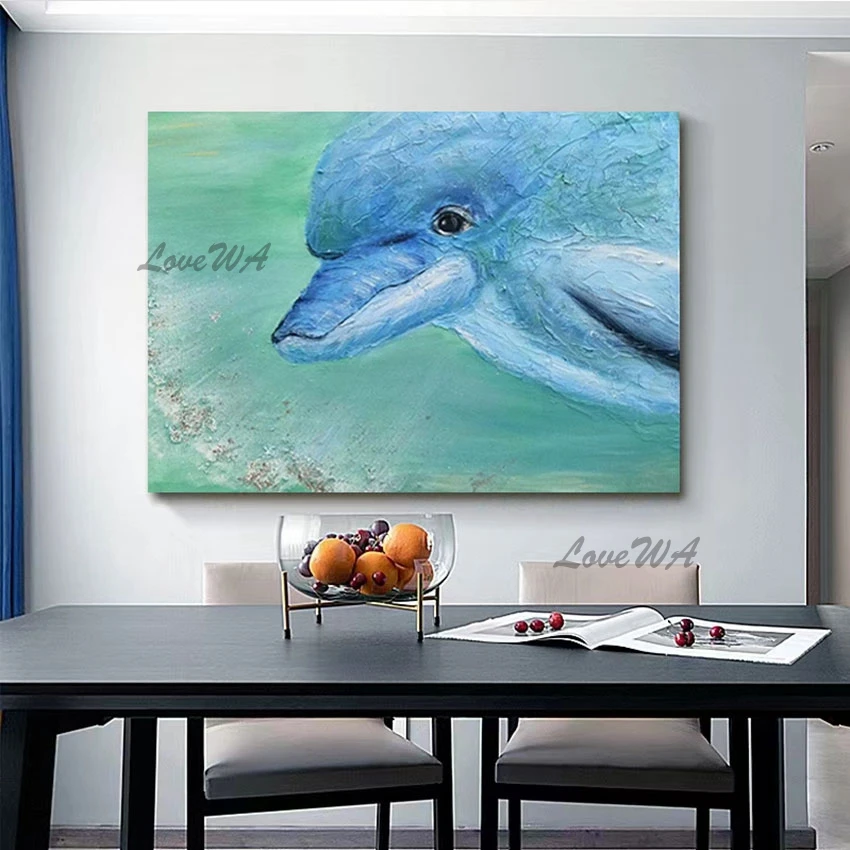 Linen Canvas Picture Unframed Modern European Art Animal Oil Painting Abstract Christmas Wall Decor 3D Dolphin Hand Drawing