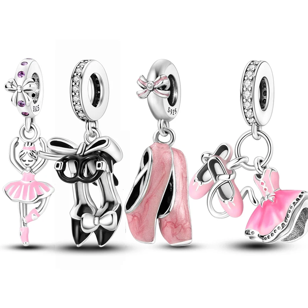 925 Sterling Silver Pink sepatu balet liontin sepatu roda jimat cocok asli gelang Pandora kalung membuat perhiasan untuk wanita hadiah