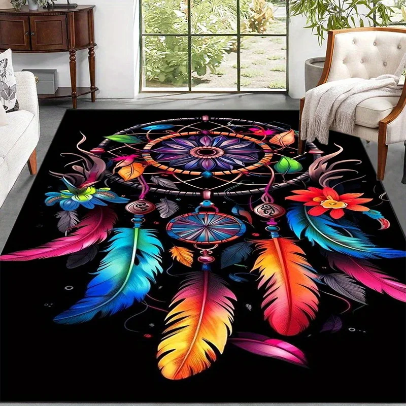 Dreamcatcher-Inspired Colorful Area Rug – Non-slip Washable Polyester Mat for Living Room Bedroom Patio Garden Decor