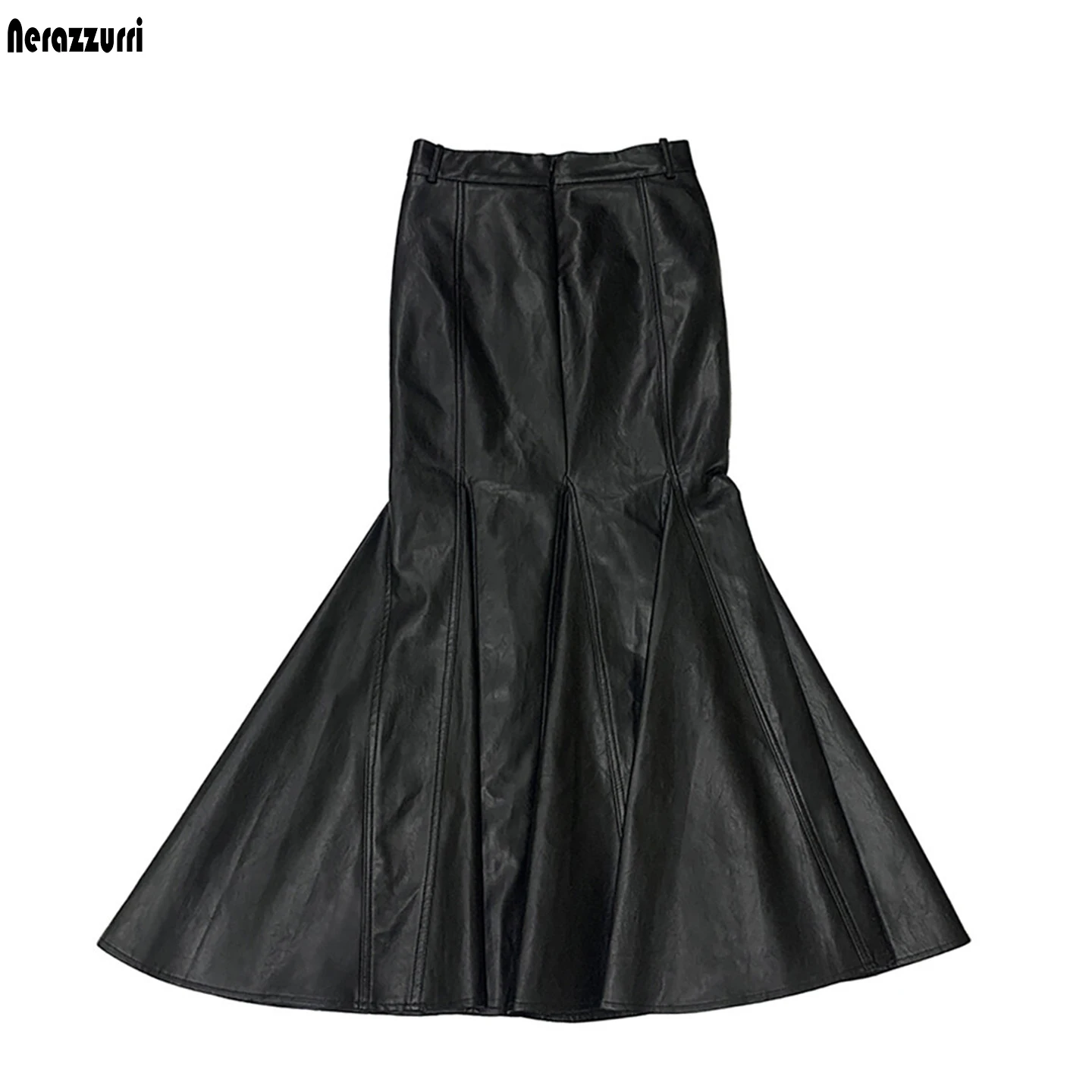 Nerazzurri Spring Long Black Soft Faux Leather Midi Mermaid Skirt Women Long Elegant Luxury Designer Autumn Clothes Woman 2026