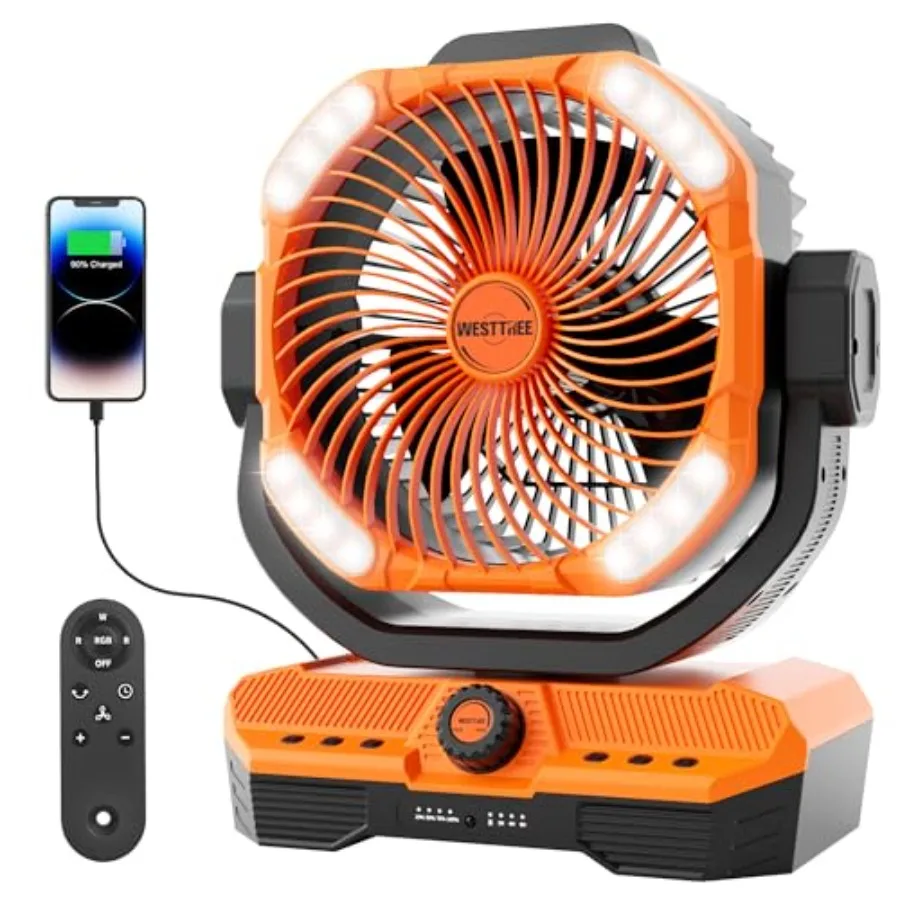 Battery Powered Fan for Bedroom: Orange ABS Plastic, Quiet 360 Auto Oscillating Air Circulator with RGBW LED Light Rechargeable