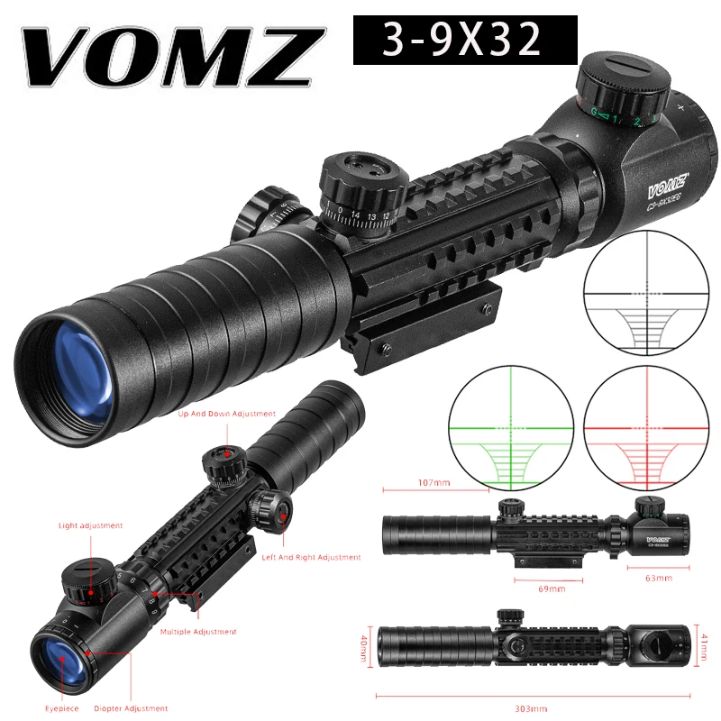 VOMZ 3-9x32 EG Hunting Scope Red /Green Dot Illuminated Sight Tactical Sniper Scopes w/22mm For Air Gun