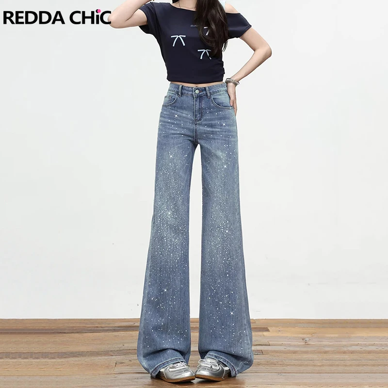 

Женские джинсы ReddaChic с широкими штанинами и стразами, модные, в стиле Y2K, с высокой посадкой, свободного кроя, рваные, прямые, широкие, повседневные, для уличного стиля