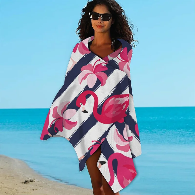 Beach Towel Fashion Flamingo Floral Stripe Pattern Sun Protection Windproof Suitable for Swimming Pool Camping Travel Blanket