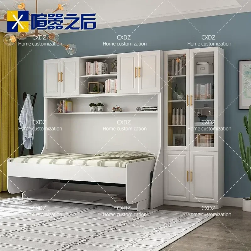 Wall Bed Desk Bookcase Combo Folding Murphy Bed for Small Apartment Study Multi Function Space Saving Storage Unit Custom