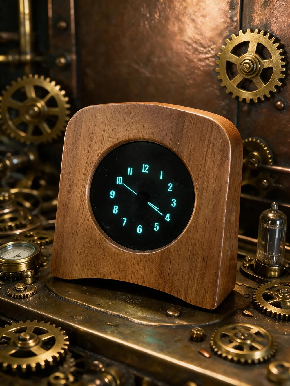 Mini Kreativer Retro High-End Holzmaserung / Aluminiumlegierungsgehäuse Desktop WIFI-Uhr Zeiger-Typ 5V Vakuum-Fluoreszenz-Bildschirm – Detail 1