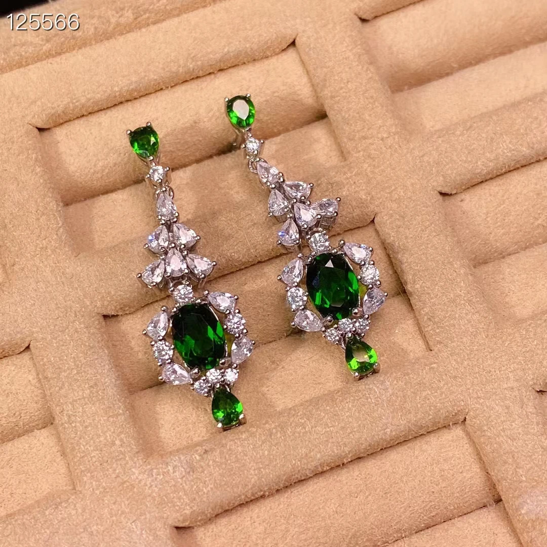 Dazzling 925 Silver Drop Earrings for Party Total 1.8ct Natural Chrome Diopside Earrings Allergy Free Gold Plated Jewelry