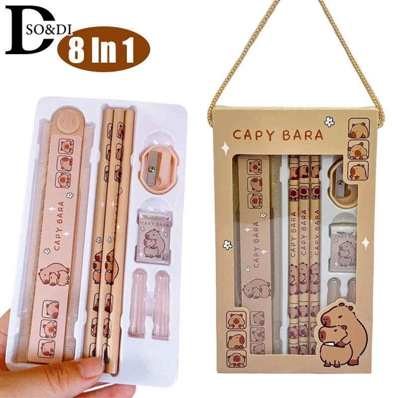 8-In-1 Capybara Cartoon Animal Pencil Ruler Eraser Sharpener Stationery Kit Student School Office Writing Supplies Kids Gift