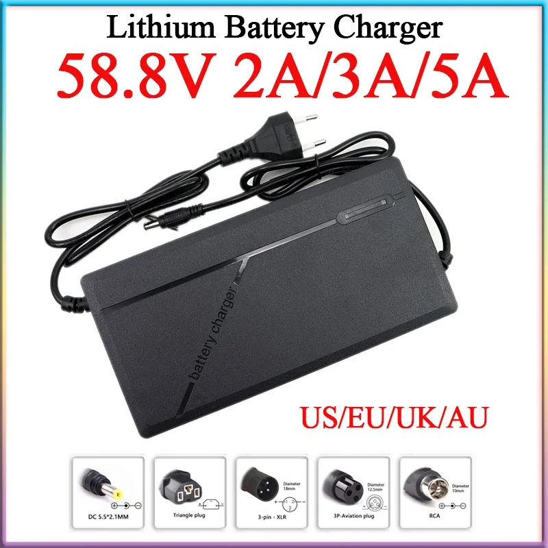 58.8V 2A 3A 5A ebike Lithium Battery Smart Charger AC100-240V With fan For 14S 52V E-tool Scooter Li-ion Cell pack Fast Charging