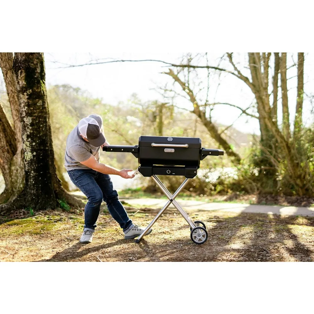 Grill à Charbon Électrique Portable avec Contrôle de Température Analogique, Chariot Pliable et Cuisson à 200