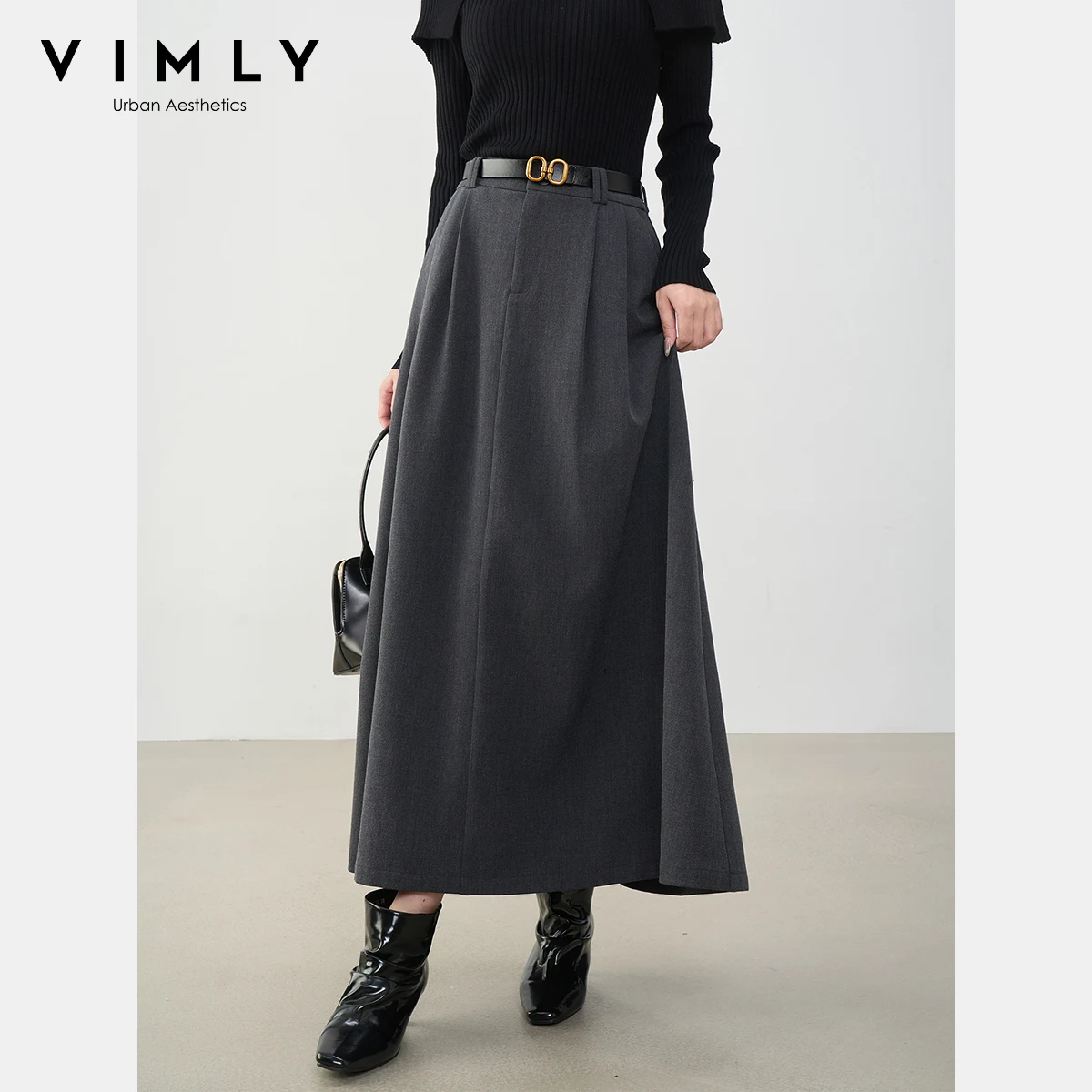 VIMLY Midi Women Skirt 2026 Autumn Office Lady Gray A-line Bud Elegant Ladies Skirt Zipper Loose Pockets Female Skirts A2202