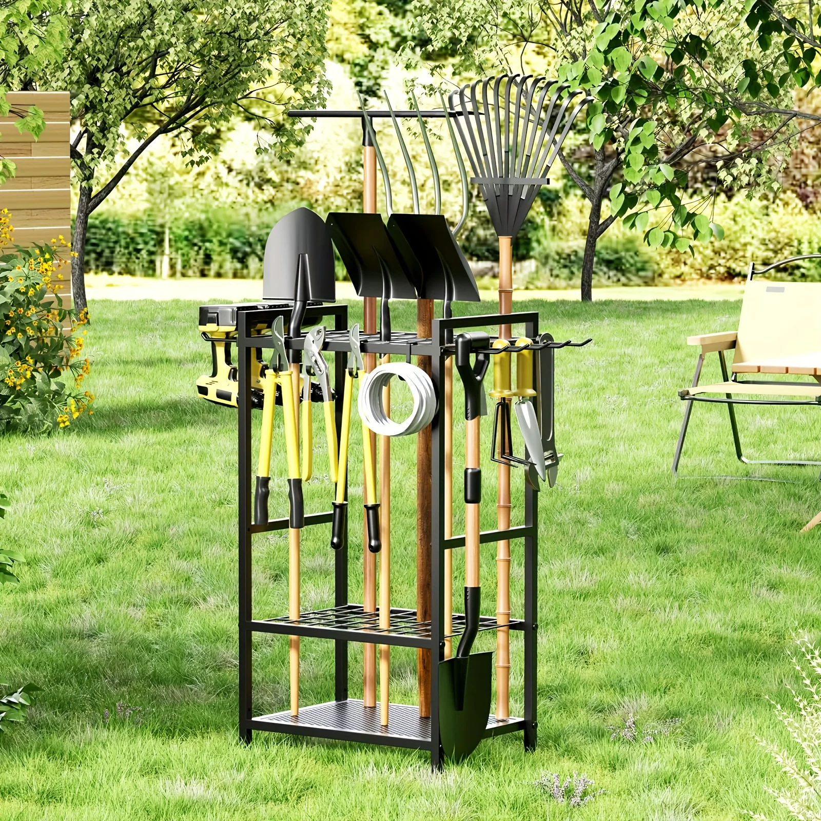 Simple practical tool rack with side mounted broom rack, garden garage tool organizer - a garage yard tool organizer with 4 hoo