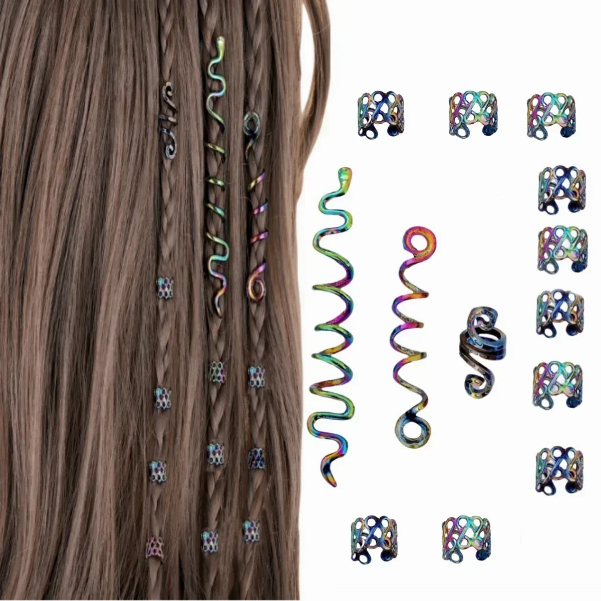 1/13pcs Metal Hair Rings Beads Cuffs Tube Charms Dreadlock Dread Hair Braid Colorful Snake Shape Jewelry Hair Accessories