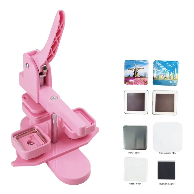 2026 Hot！ Pink Color 50*50mm 2*2inch Square Fridge Magnet Button Maker Badge Making Machine Kit with 100sets Magnet Materials