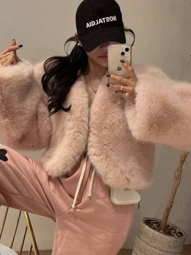 Korean Style Ins Thickened Sweet Short Rabbit Fur Jacket Women's Young Fashion Small Size Fake Fur Outerwear Princess Sleeve
