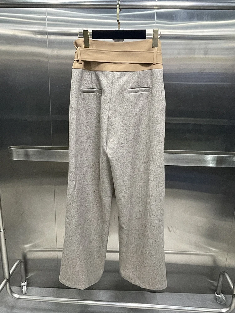 Color block Patchwork Gürtel lässig lose Hosen für Frauen hohe Taille gespleißte Taschen Temperament weites Bein Hosen weiblich neu