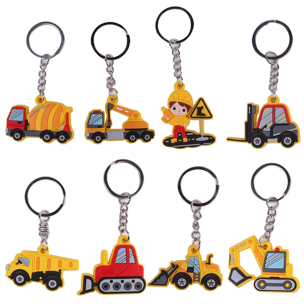 8PCS Key ring of architectural theme Excavator Dumper Crane Street  Roller Shovel Car Bulldozer Keychain Engineer Party Supplies