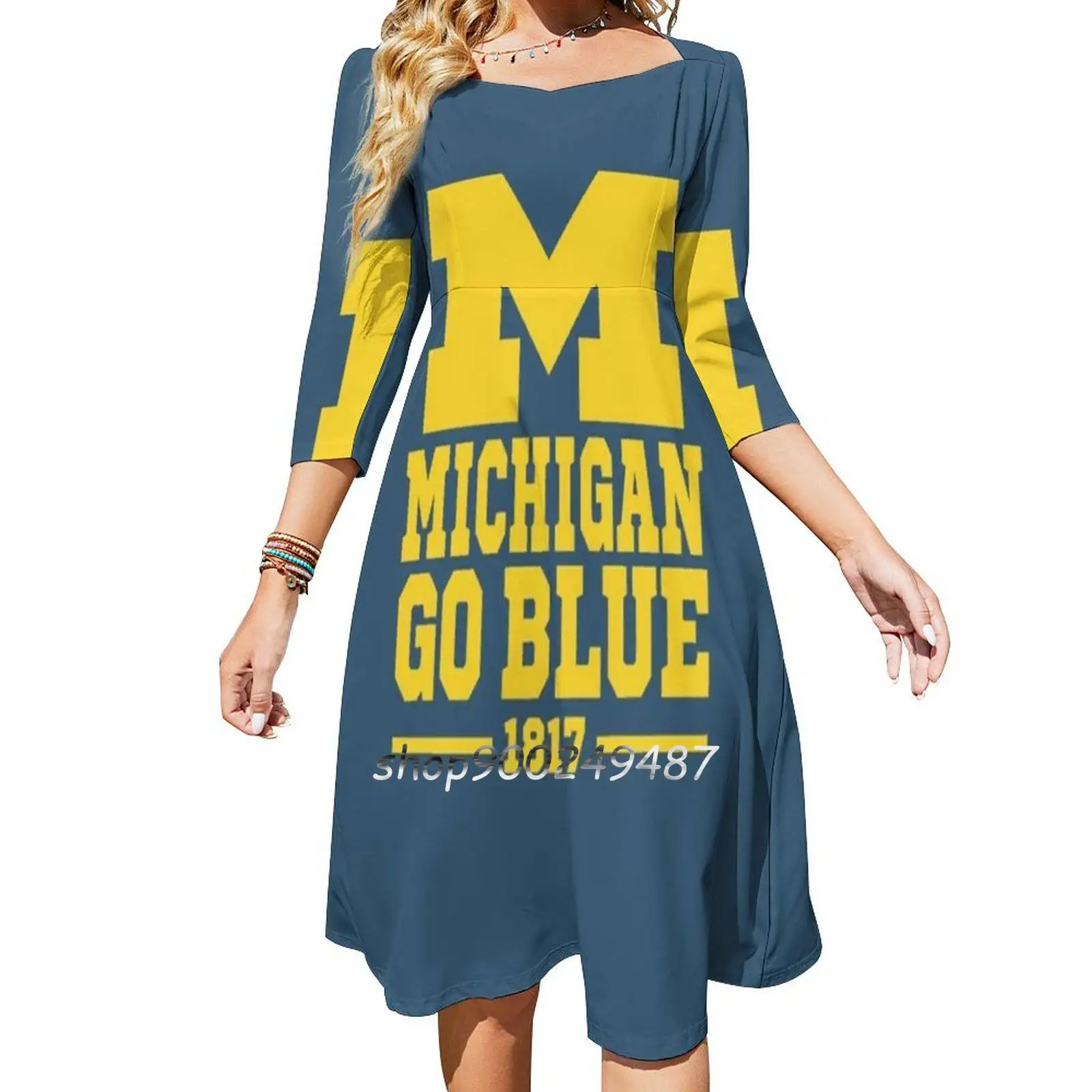 Merch Flare Dress Square Neck Dress Elegant Female Fashion Printed Dress Go Blue Umich University Of Ann Arbor Wolverines Blue