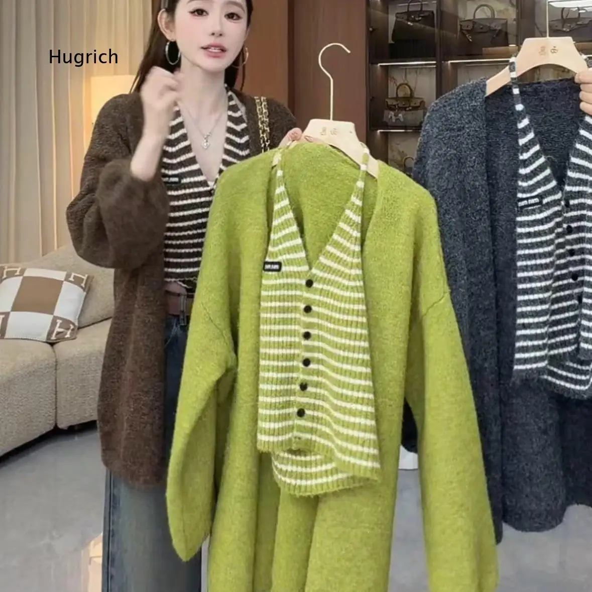 Women Korean Style Knit Cardigan And Tank Top Two Piece Set Relaxed Slim Silhouette Versatile Outfit For Autumn Daily Matching