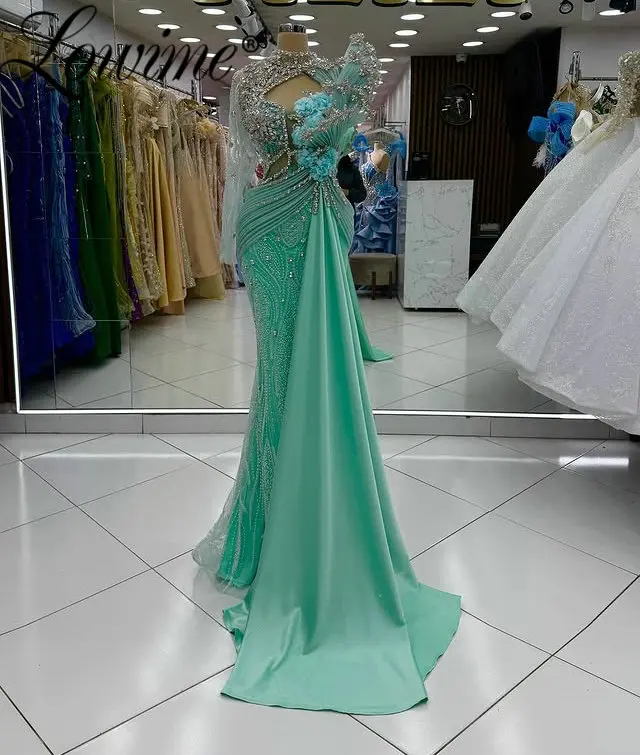 

Dubai Green One Shoulder Mermaid Prom Dresses 2026 Crystals Beaded Formal Long Party Gowns Classy Vestidos De Cocktail