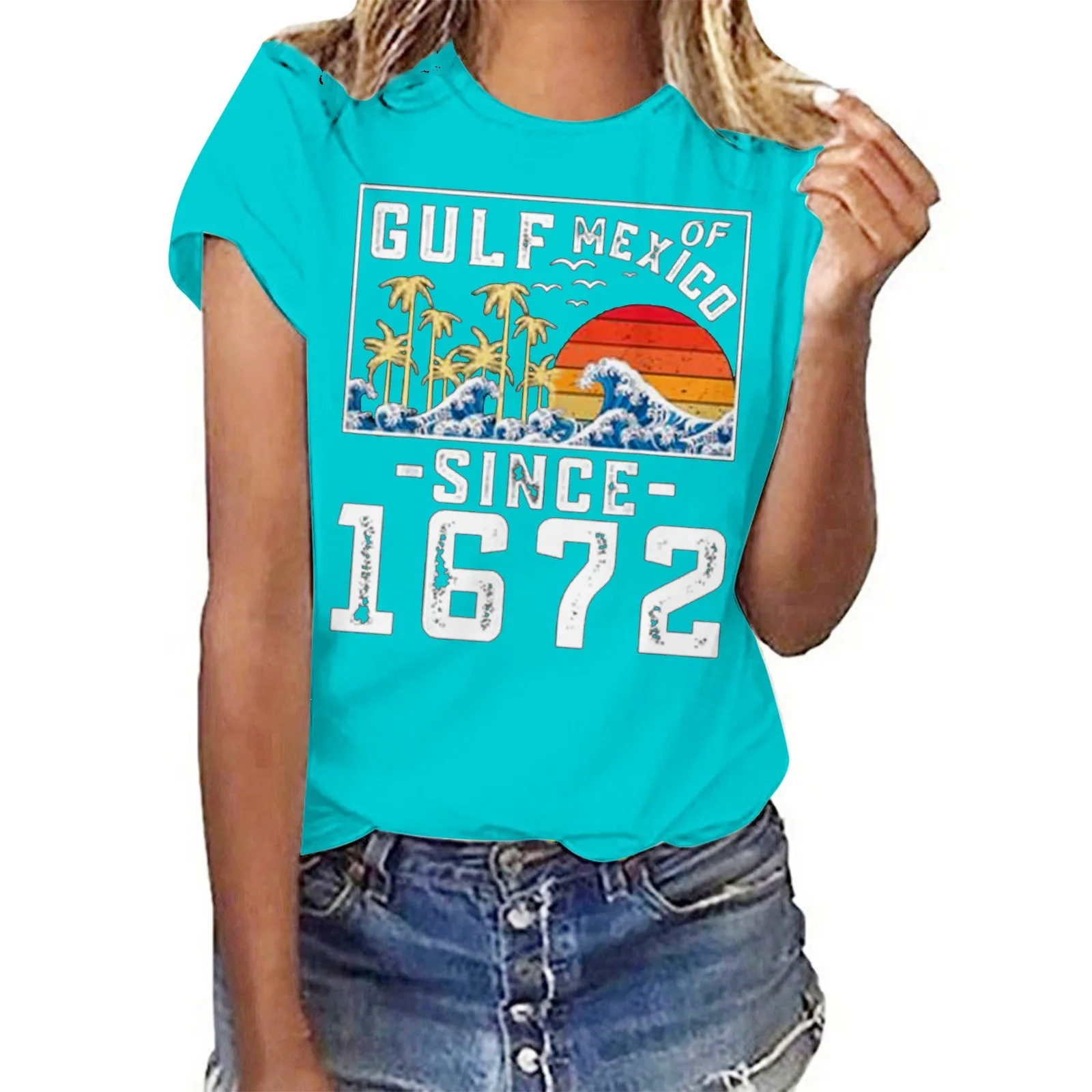 Gulf of Mexico Since 1672 T Shirt for Women Women's Letter Print Crew Neck Short Sleeve T Shirt Tee Shirt Tops Female Clothes