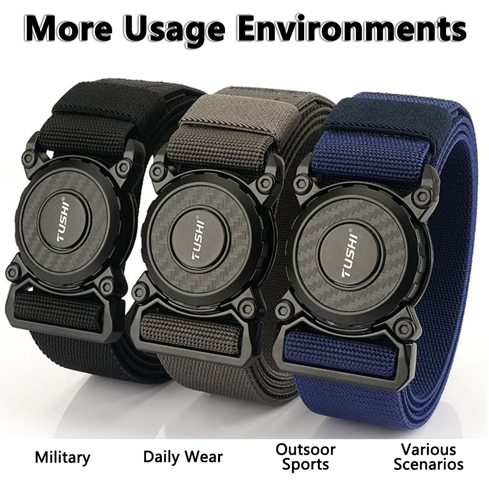 TUSHI New Men's Elastic Belt Metal Buckle Quick Release Soft Casual Belt Polyester Tactical Outdoor Stretch Belt Male Waistband